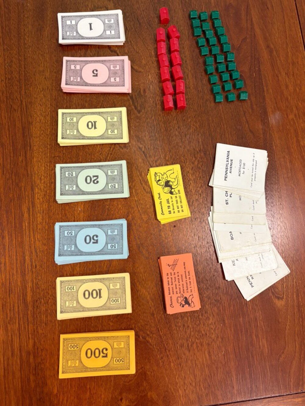 Lot of Vintage Monopoly Replacement Pieces: Houses, Hotels, Cards, Money